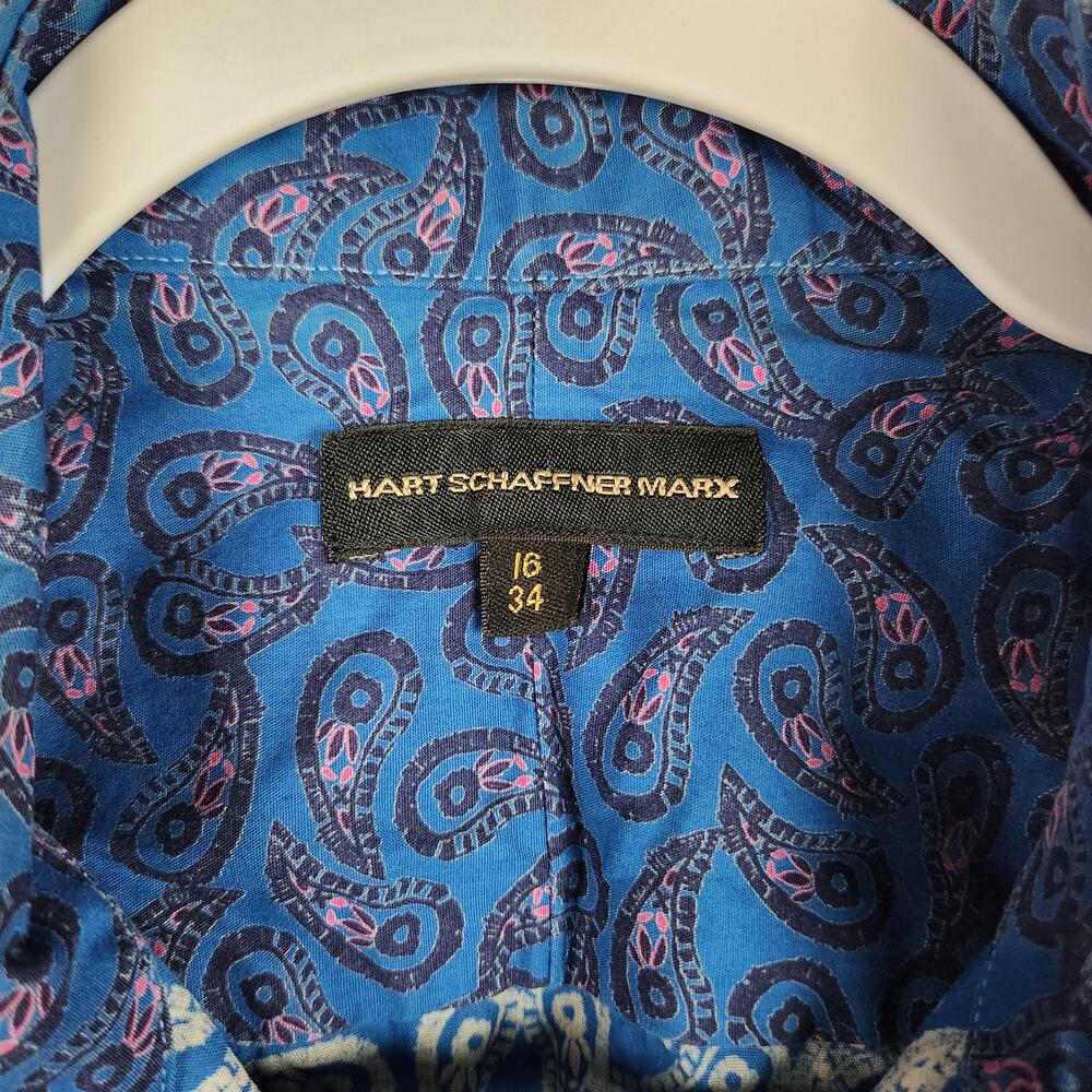 Vintage Hart Schaffner Marx Dress Shirt Mens 16 34 Blue Paisley Button Dress
